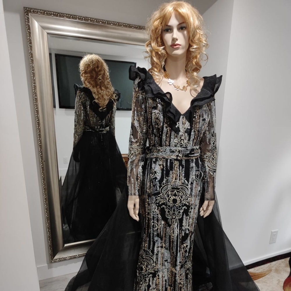 Black and Gold Evening Gown with detachable skirt. Skirt is double layers of chr